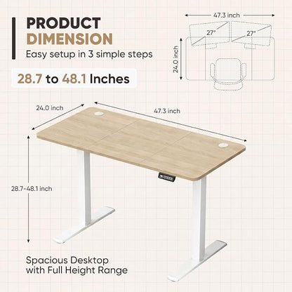 Furmax Electric Height Adjustable Standing Desk Large 48 x 24 Inches Sit Stand up Desk Home Office Computer Desk Memory Preset with T-Shaped Metal Bracket, Wood