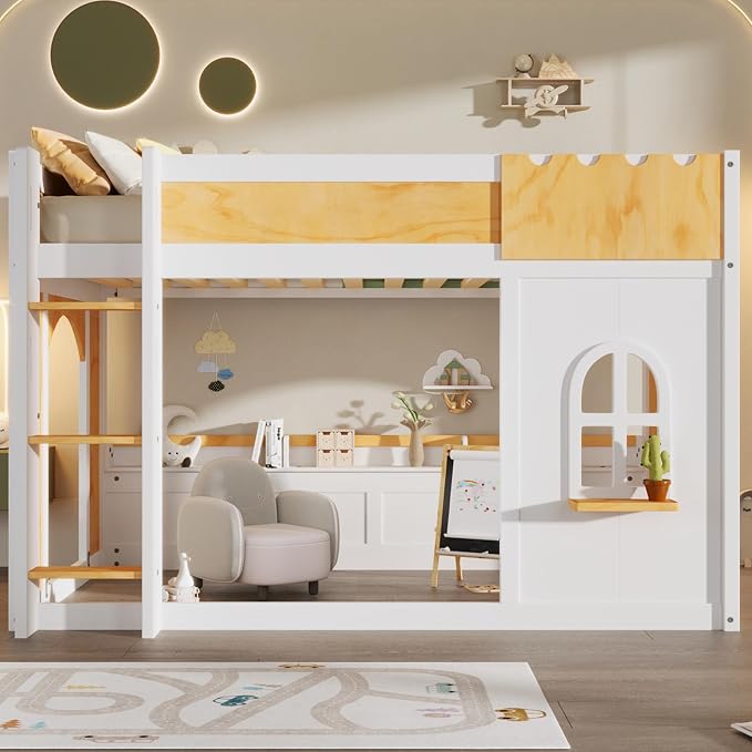 Twin Over Twin Bunk Bed with Storage Shelves,Window and Two Doors,for Kids Teens Adults Use (White+Natural-Window, Twin Over Twin)
