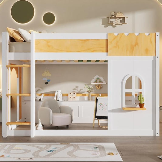Twin Over Twin Bunk Bed with Storage Shelves,Window and Two Doors,for Kids Teens Adults Use (White+Natural-Window, Twin Over Twin)