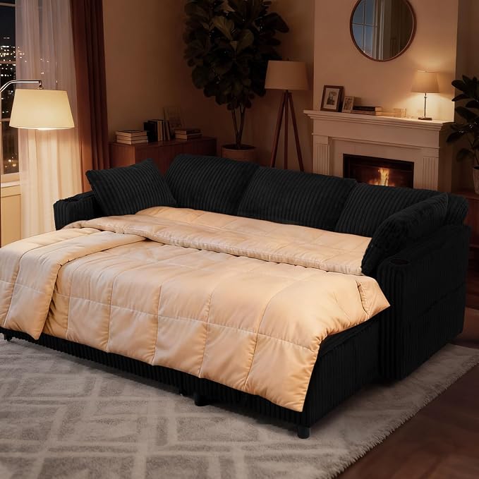 84" Corduroy Upholstered Sofa Bed w/Adjustable Backrests, Convertible Pull Out Sofa Bed w/USB Ports, L-Shape Sectional Sleeper Couch w/Cup Holder for Living Room,Apartment, Black