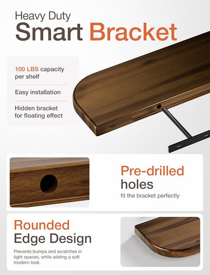 BATODA Set of 2 24” Acacia Floating Shelves for Wall (Round Edge) - Floating Bookshelf Wall - Storage Wood Shelves for House Decor, Kitchen, Bathroom - Brackets and Hardware Included (Walnut Color)