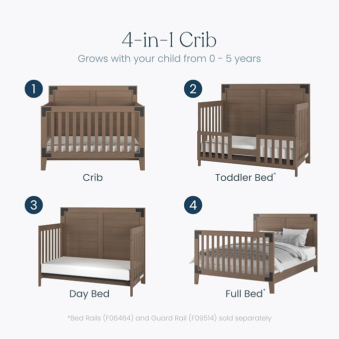 Child Craft Lucas Design 4-in-1 Convertible Baby Crib Nursery Furniture Set - Baby Bed, Toddler Bed and Full Size Bed, 3 Adjustable Mattress Positions, Real Wood, Baby Safe Finish (Dusty Heather)