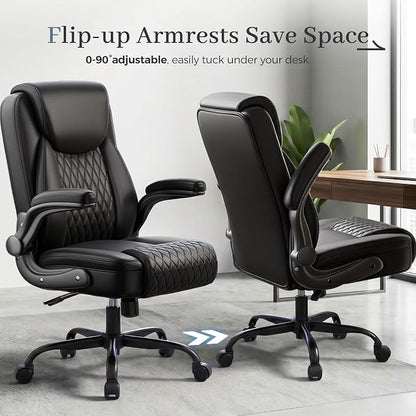 GTPOFFICE Executive Office Chair with Comfortable Lumbar Support, Ergonomic Gaming Chair with Flip-up Armrests & Zoned Pressure-Relief Cushion, Comfy PU Leather Desk Chair, Light Black