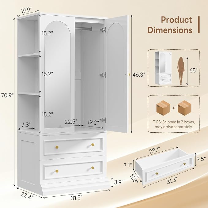 LIKIMIO Armoire Wardrobe Closet with Full Length Mirror, 3 Open Shelves, 71" Freestanding Bedroom Armoire with 2 Drawers, 3 Side Hooks & Hanging Rod, Clothing Storage Cabinet for Bedroom, White
