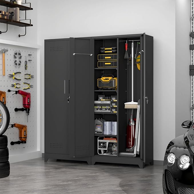72.8" H Metal Broom Closet Storage Cabinet, Garage Storage Cabinet with Pegboard & Hanging Rod Hooks for Garage Home,Black