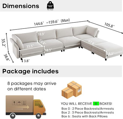 DreamDashio 159" 6-Seat L-Shaped Sectional Sofa, Oversized Modular Cloud Couch with Storage, Adjustable Arms & High Back, Beige Chenille for Living Room