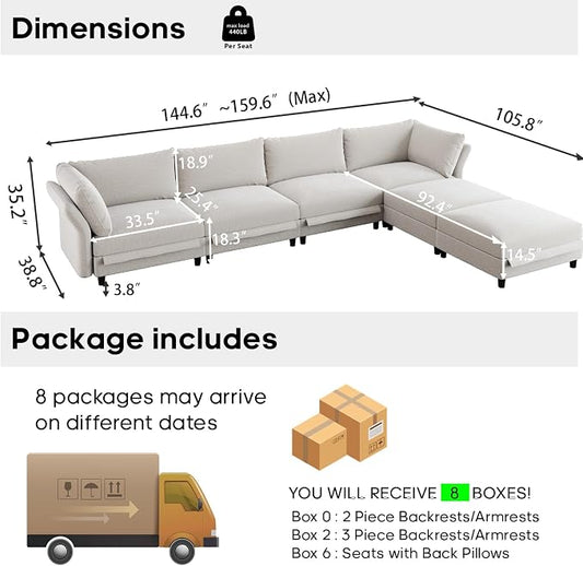 DreamDashio 159" 6-Seat L-Shaped Sectional Sofa, Oversized Modular Cloud Couch with Storage, Adjustable Arms & High Back, Beige Chenille for Living Room
