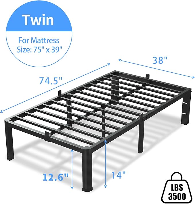 VIPSHOW 14 Inch Twin Size Bed Frame, 3500Lbs Heavy Duty Metal Platform with Round Corner Legs Mattress Slide Stopper, Steel Slat Support No Box Spring Needed, Noise Free, Non-Slip, Easy Assembly