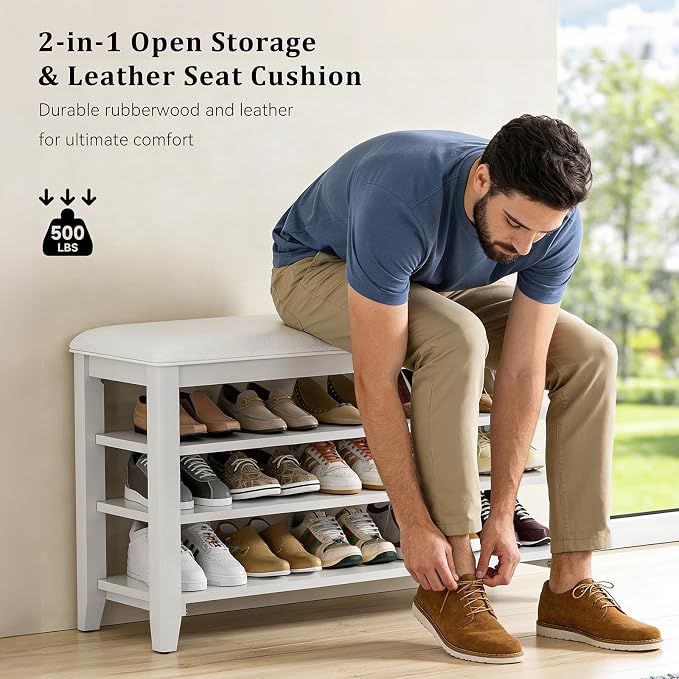 Shoe Rack Bench Entryway Storage with Leather Cushion, Shoe Organizer Bench for Entryway, Ideal for Front Doors Entrances Hallway Mudroom Featuring Rubberwood And 3 Height-Adjustable Removable Shelve
