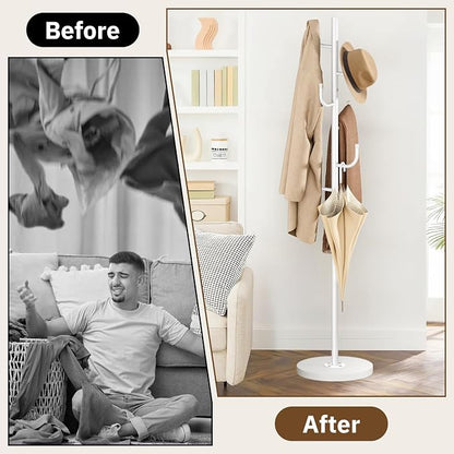 MISSLO Heavy Duty Coat Rack Freestanding 4 Adjustable Size Coat Tree with Stable Wood Base Coat Hanger Stand with 6 Hooks Standing Clothes Tree for Bedroom, White