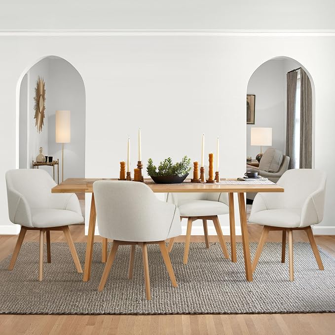 Swivel Dining Chairs Set of 4, Mid Century Modern Dining Chairs with Arms, Fabric Upholstered Kitchen Dining Room Chairs with Wood Legs for Living Room, 360°Swivel Accent Desk Chair, Beige