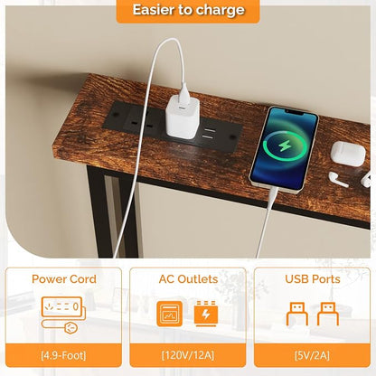 VINGLI 79" Console Table with Power Outlet, 5.9" Narrow Sofa Table Set of 2, Entryway Table with Charging Station & 4.9 Ft Extension Cord & Adjustable Feet, for Living Room, Hallway, Rustic Brown