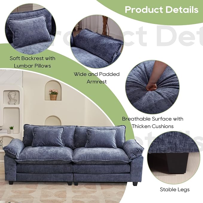 Oprisen 86" Modular Sectional Sofa, Comfy Cloud Couch Sectional Sofa, Chenille Sofa Sleeper Deep Seat Sofa with Throw Pillows for Living Room (Blue, 86"- Loveseat)