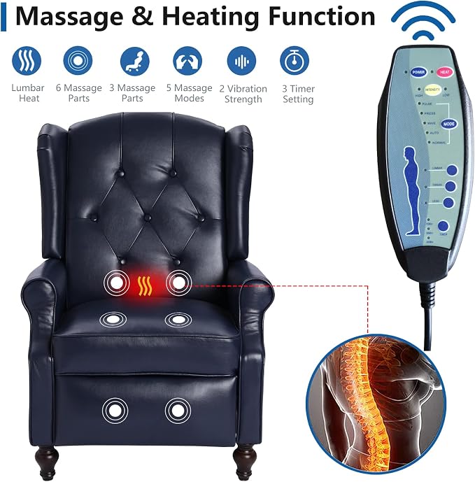 Wingback Recliner Chair with Massage and Heat, PU Leather Push Back Arm Chair for Living Room, Wingback Recliner with Remote Control, Padded Cushion, Backrest, Wooden Legs