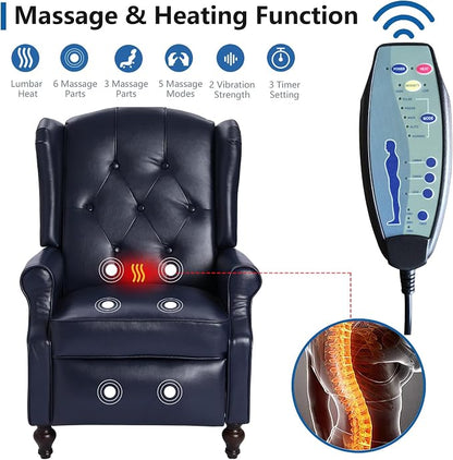 Wingback Recliner Chair with Massage and Heat, PU Leather Push Back Arm Chair for Living Room, Wingback Recliner with Remote Control, Padded Cushion, Backrest, Wooden Legs