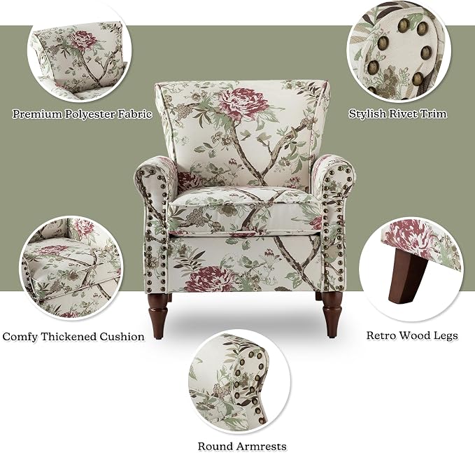 HULALA HOME Modern Wingback Accent Chair with Wood Legs & Removable Cushion, Comfy Upholstered Armchair with Nailhead Trim, Floral Pattern Sofa Chair for Bedroom Living Room, Floral