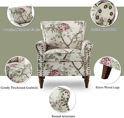 HULALA HOME Modern Wingback Accent Chair with Wood Legs & Removable Cushion, Comfy Upholstered Armchair with Nailhead Trim, Floral Pattern Sofa Chair for Bedroom Living Room, Floral
