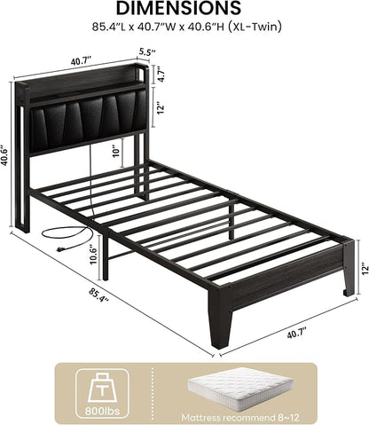 LIKIMIO Twin XL Bed Frames, PU Leather Storage Headboard with Charging Station, Solid and Stable, Noise Free, No Box Spring Needed, Easy Assembly, Black