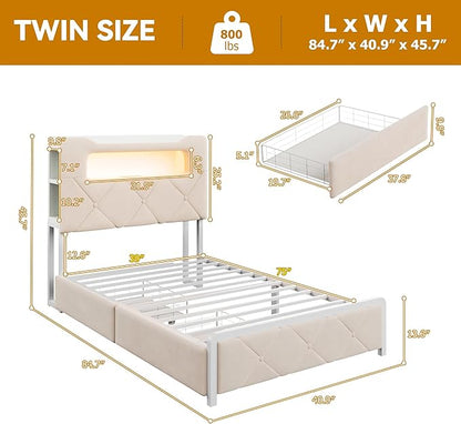Twin Upholstered LED Bed Frame with 2 Storage Drawers and 2-Tier Storage Bookcase Headboard, Velvet Princess Platform Bed for Kids/Girls/Boys, Corner Bed Frame, Heavy Duty Metal Support, Beige