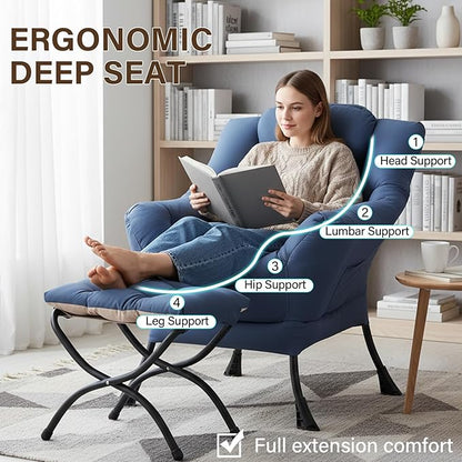 Welnow Lazy Chair with Ottoman, Modern Accent Chair with Armrests and a Side Pocket, Leisure Sofa Armchair, Reading Armchair with Footrest for Small Space, Royal Blue