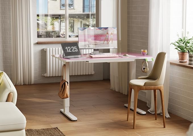INNOVAR Glass Standing Desk with Drawers, Adjustable Height Stand Up Desk, Electric Standing Desks with Storage, 48 inch, Morandi Powder