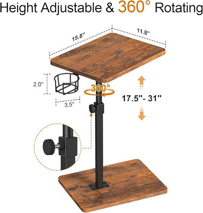 Giikin TV Tray Table, 360° Swivel Height Adjustable TV Trays for Eating on Couch,Sofa Armrest Side Table for Small Spaces Sofa Bed Dinner, Rustic Brown