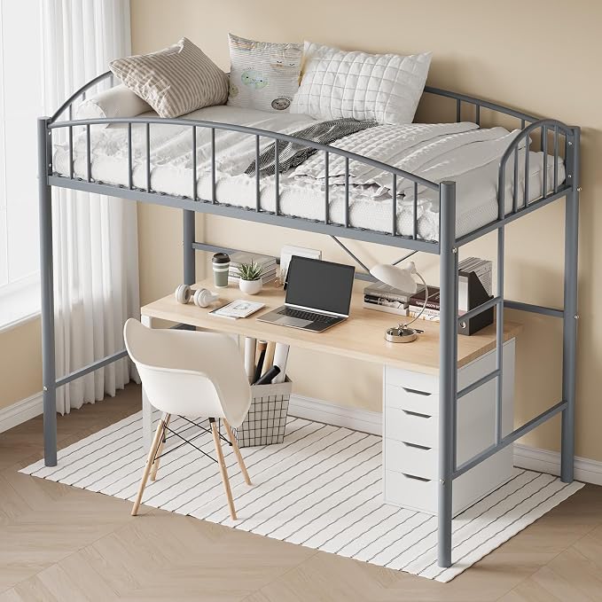 GarveeHome Loft Bed Twin Size, Heavy Duty Metal Loft Bed Frame with Arched Guardrail and Safety Ladder, Space-Saving, No Box Spring Needed, Modern Gray