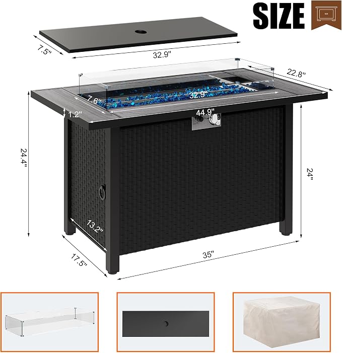 45 inch Propane Fire Pit Table, 50,000 BTU Outdoor Gas Fire Pit Table with Lid, Waterproof Cover, Rectangle Gas Firepit Table for Garden/Patio