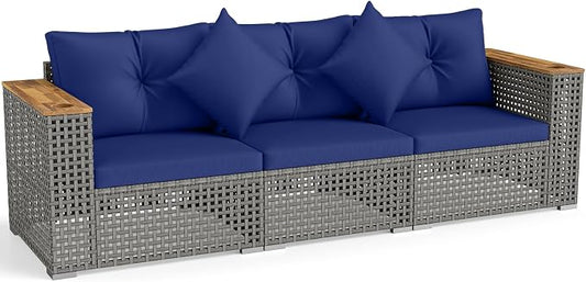 Tangkula 86.5" Large 3-Seat Patio Wicker Sofa, 3 Pieces PE Rattan Sectional Furniture Set with Cup Holder & Wood Armrest, Outdoor Couch Set with Armless & 2 Corner Sofas for Garden, Yard, Porch, Navy