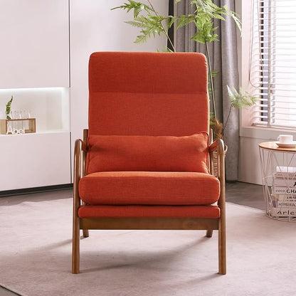 Karl home Accent Chair High Back Mid-Century Modern, Burnt Orange | Linen Fabric Upholstered, Walnut Color Solid Rubber Wood Frame, Soft Cushion with Pillow, For Living Room, Bedroom, Balcony