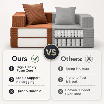 COMAX Futon Sofa Bed, Convertible Sofa Bed, Folding Boneless Couches | Boneless Couch for living room, Fold Out Small Foldable Loveseat Floor Sleeper Mattress Lounge Space‑Saving, Orange