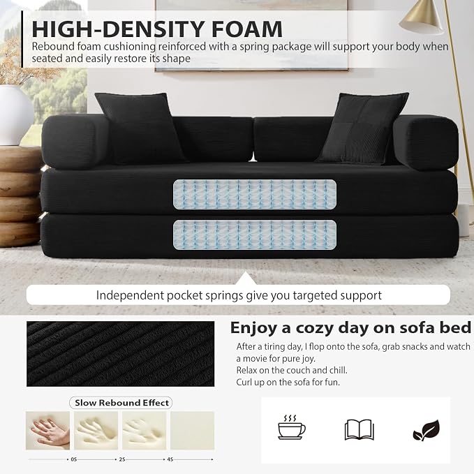 HANXIN 78 Inch Convertible Sleeper Sofa Bed, Folding Floor Mattress Couch with Fixed-Shape Frame, Futon Boneless Couch Lounge Loveseat with Pull Out Bed, No Assembly Required (Black)