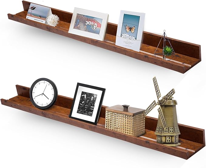 Muzilife 35.4" Large Floating Wall Ledge Shelves with Lip - Set of 2 Rustic Wood Floating Shelves - Honey Wall Mounted Picture Ledge for Office, Bathroom, Bedroom, Living Room, Kitchen