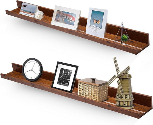 Muzilife 35.4" Large Floating Wall Ledge Shelves with Lip - Set of 2 Rustic Wood Floating Shelves - Honey Wall Mounted Picture Ledge for Office, Bathroom, Bedroom, Living Room, Kitchen