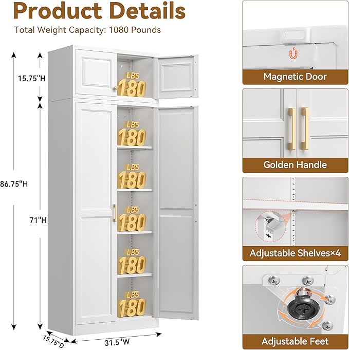 Polup Kitchen Pantry Cabinet, 86 Inch Tall Metal Storage Cabinet, Food Pantry cabinets with Doors and Shelves, White Storage Cabinets for Living Room, Dining, Office, Bathroom, Assembly Required