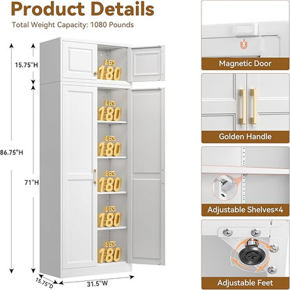 Polup Kitchen Pantry Cabinet, 86 Inch Tall Metal Storage Cabinet, Food Pantry cabinets with Doors and Shelves, White Storage Cabinets for Living Room, Dining, Office, Bathroom, Assembly Required