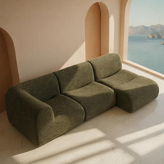 Curved Sectional Modular Couch with Chaise, Modern 105.91'' Boneless Sofa with Deep Seat, Sherpa Boucle Cloud Couch for Living Room, Cozy Teddy L-Shaped Couches, No Assembly, Green