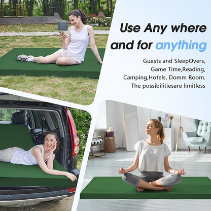 CYMULA 3 Inch Memory Foam Camping Pad, Camping Essentials Roll Up Floor Mat for Car Camping, Cot, Tent, Truck, Travel and Guest Use, Non-Slip Waterproof Bottom, Removable Cover