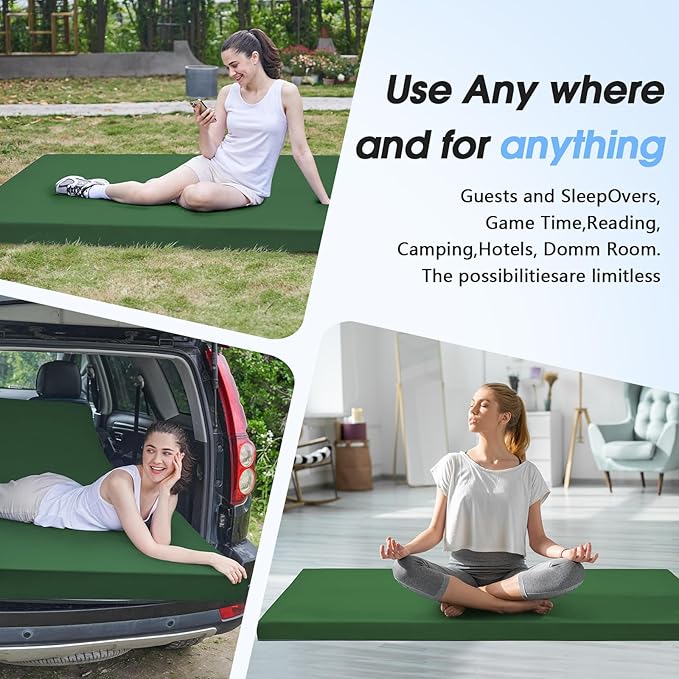 CYMULA 3 Inch Memory Foam Camping Pad, Camping Essentials Roll Up Floor Mat for Car Camping, Cot, Tent, Truck, Travel and Guest Use, Non-Slip Waterproof Bottom, Removable Cover