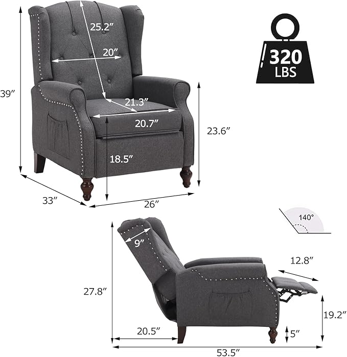 Wingback Recliner Chair with Massage and Heat, Wingback Recliner Tufted Fabric Push Back Recliner Chair for Living Room, Vintage Wingback Chair with Remote Control, Padded Cushion, Wooden Legs
