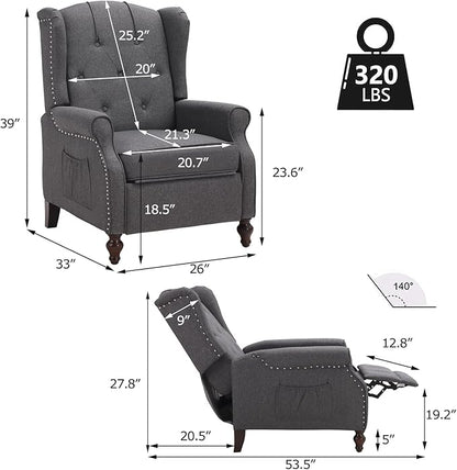 Wingback Recliner Chair with Massage and Heat, Wingback Recliner Tufted Fabric Push Back Recliner Chair for Living Room, Vintage Wingback Chair with Remote Control, Padded Cushion, Wooden Legs