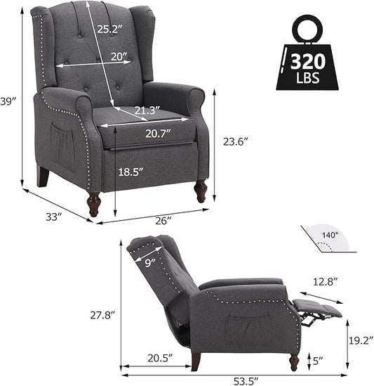 Wingback Recliner Chair with Massage and Heat, Wingback Recliner Tufted Fabric Push Back Recliner Chair for Living Room, Vintage Wingback Chair with Remote Control, Padded Cushion, Wooden Legs