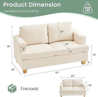 YOUDENOVA 63" Corduroy Sofa Couch Loveseat for Living Room, Small Seep Seat Loveseat Sofa for Bedroom, Comfy Chenille Couch for Small Spaces, White Corduroy