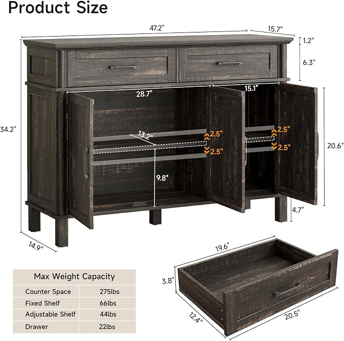 48 Inches Buffet Cabinet with Storage, Farmhouse Sideboard Buffet w/2 Drawers and 3 Doors, Wood Coffee Bar Cabinet with Adjustable Shelves, Sideboard Storage for Kitchen, Living Room, Rustic Brown