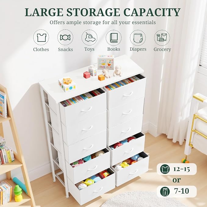 10-Drawer Dresser for Bedroom, Anti-Tip Tall Storage Organizer Chest of Drawers with Wooden Top and Metal Frame Fabric Bins for Closet, Living Room, Hallway, Entryway, White