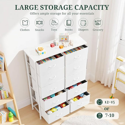 10-Drawer Dresser for Bedroom, Anti-Tip Tall Storage Organizer Chest of Drawers with Wooden Top and Metal Frame Fabric Bins for Closet, Living Room, Hallway, Entryway, White