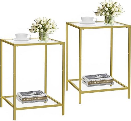 HOMSHO Side Tables Set of 2, End Table with Tempered Glass, 2-Tier Nightstands with Storage Shelves, Coffee Table with Modern Style, Square Sofa Table for Living Room, Bedroom, 15.7"D x 15.7"W, Gold
