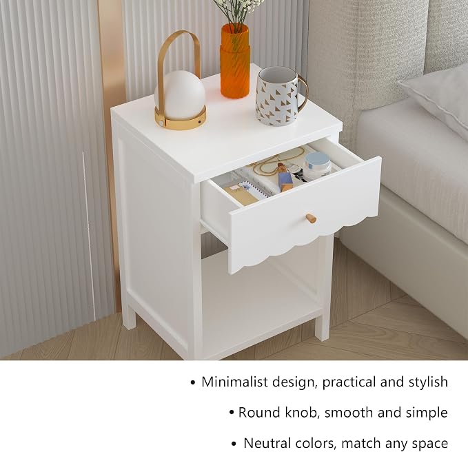 Cute White Nightstand with Drawer and Open Shelf, Scalloped Edge Design Bedroom Bedside Table, Wood End Table for Kids Girls Bedroom, White