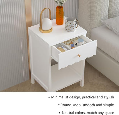 Cute White Nightstand with Drawer and Open Shelf, Scalloped Edge Design Bedroom Bedside Table, Wood End Table for Kids Girls Bedroom, White