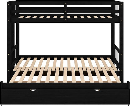 Extendable Bunk Bed with Trundle, Twin Over Double Twin Bunk Bed Frame, Upgraded Version Wooden Bunk Bed with Trundle, Pull-Out Bunk Bed Frame Can Be Extendable, No Spring Box Needed, Espresso
